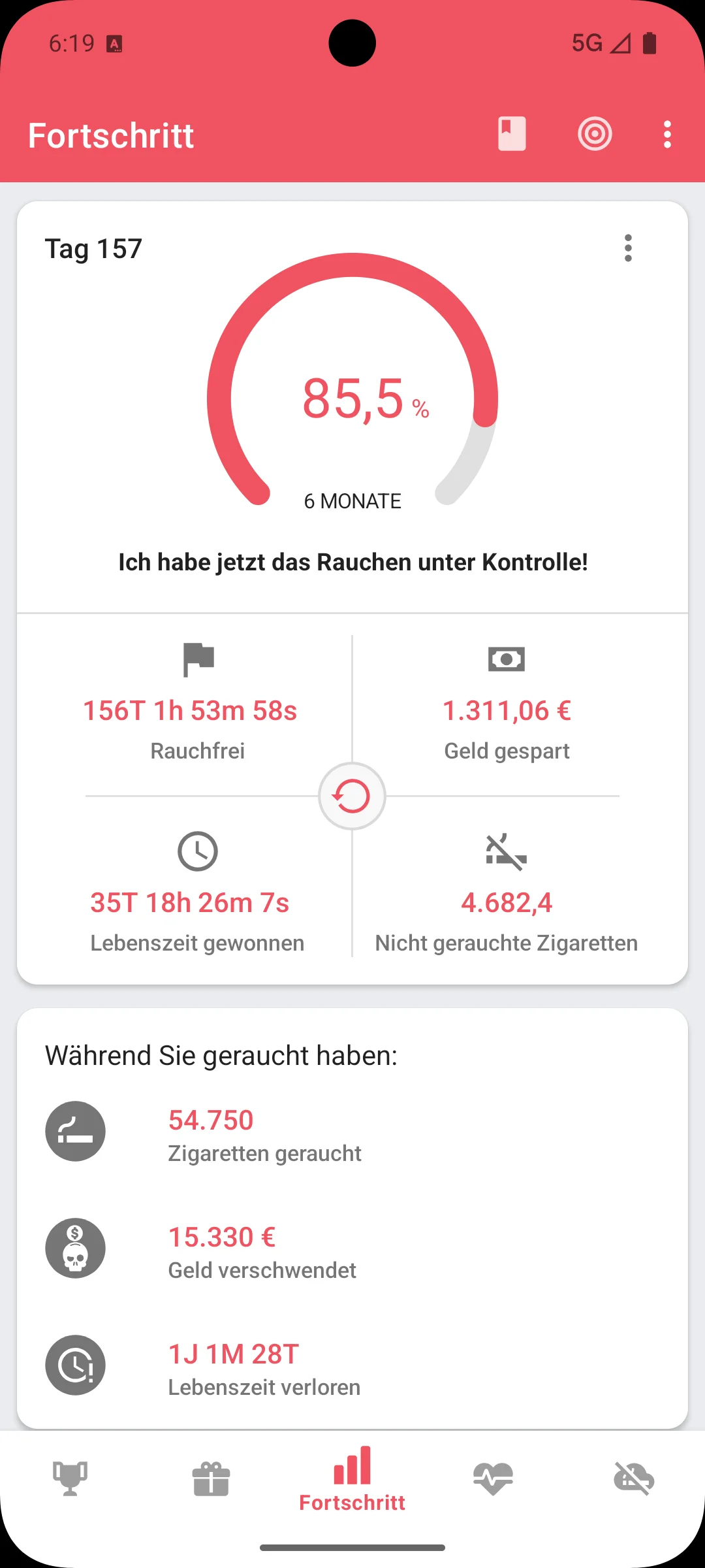 Rauchfrei-App — Fortschrittsanzeige