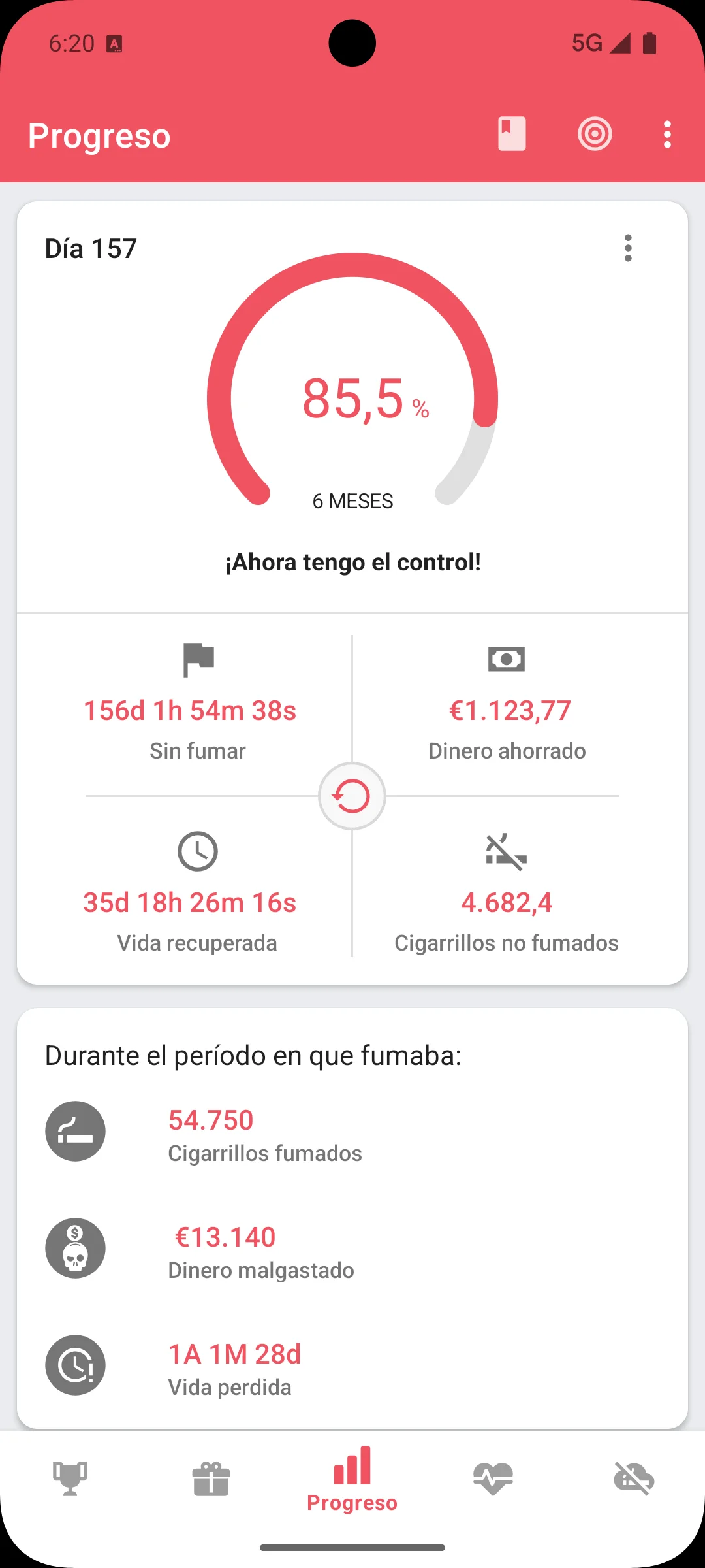 App para dejar de fumar — pantalla de progreso