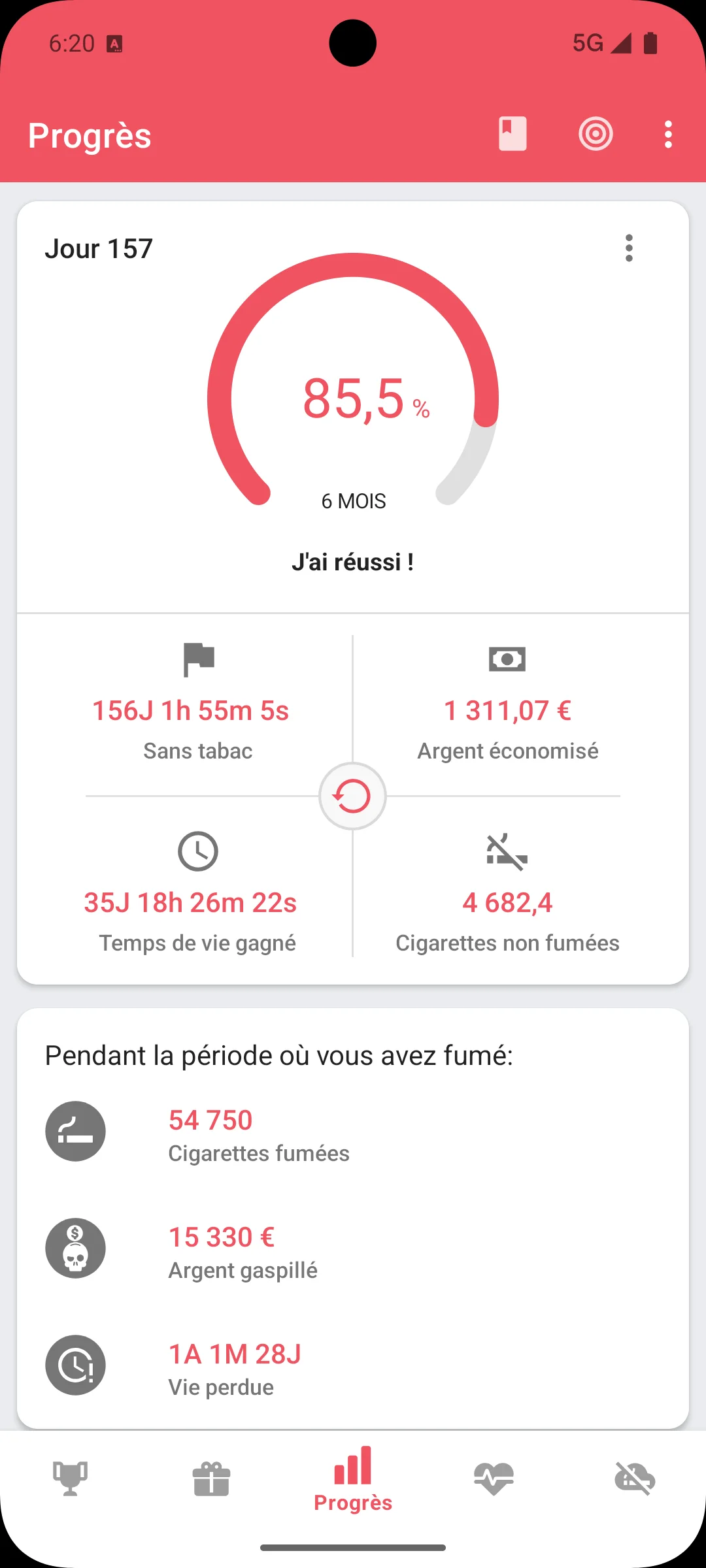 Application arrêter de fumer — écran de progrès