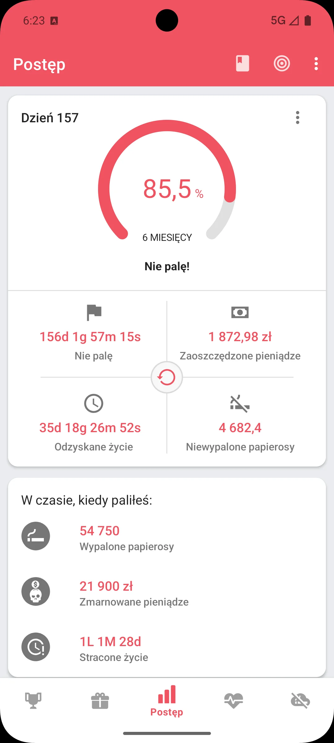 Aplikacja rzuć palenie — ekran postępu