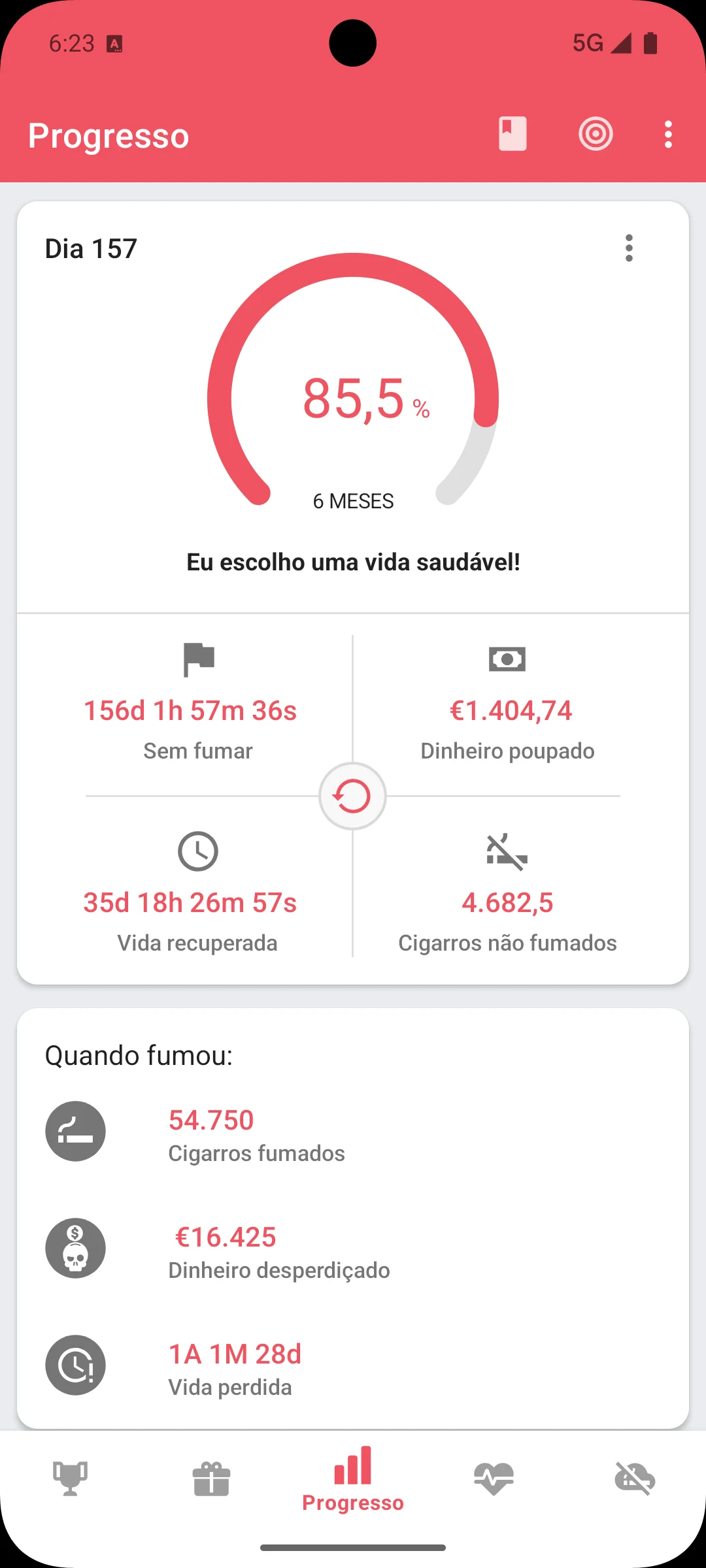 App parar de fumar — tela de progresso