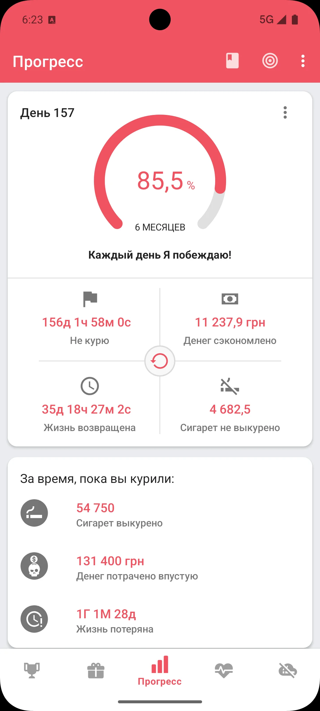 Приложение бросить курить — экран прогресса